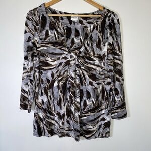Chico's Women's Size 2 Twist Front Top Brown Gray Abstract Print 3/4 Sleeve